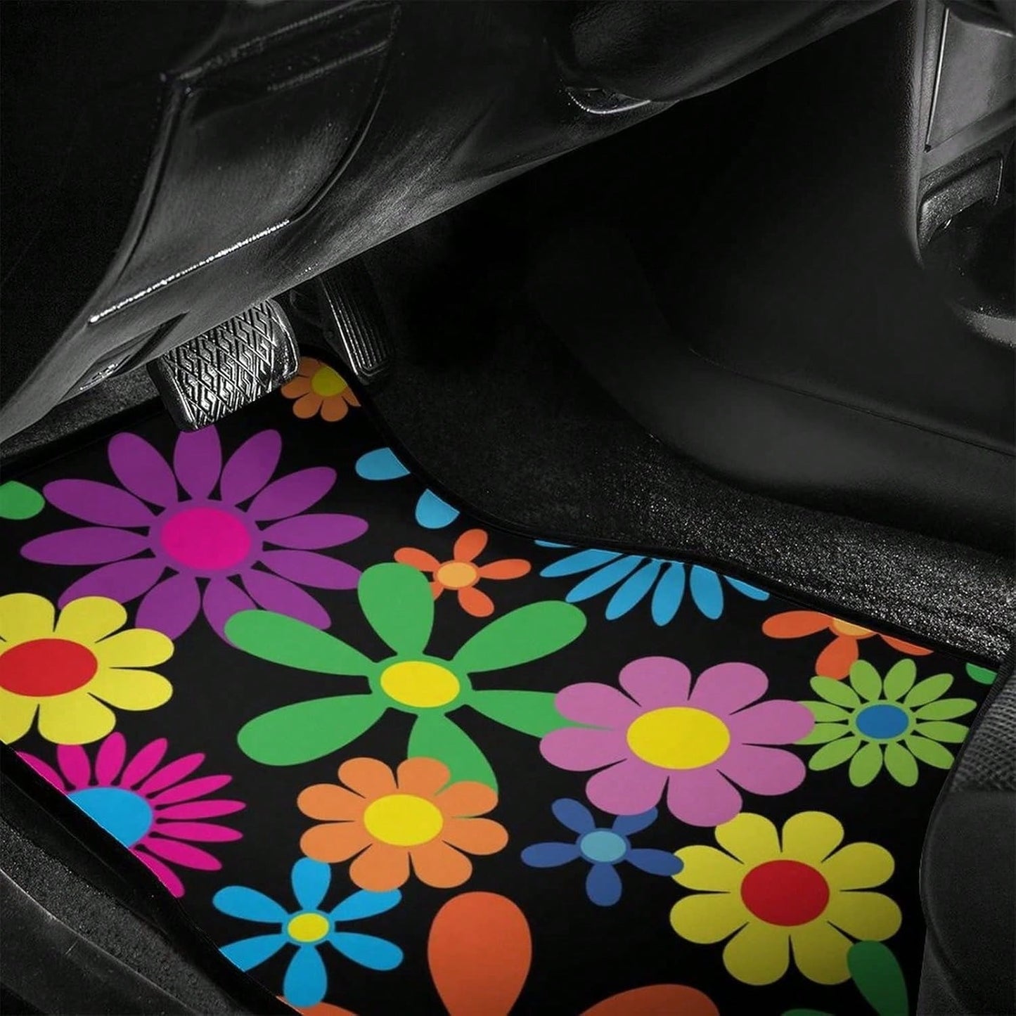 Hippie Flower 4-Piece Set Of Car Floor Mats, Front And Rear Rubber Base, All-Weather Universal Car Decoration Accessories, Suitable For SUVs,, Sedans, And Trucks