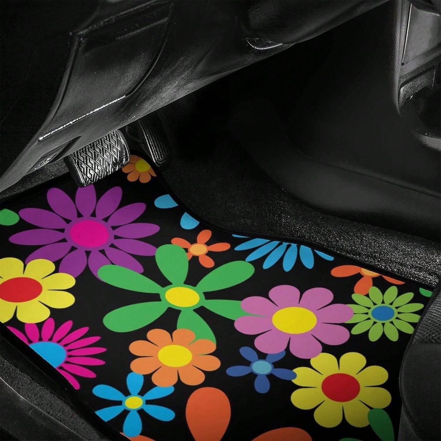 Hippie Flower 4-Piece Set Of Car Floor Mats, Front And Rear Rubber Base, All-Weather Universal Car Decoration Accessories, Suitable For SUVs,, Sedans, And Trucks