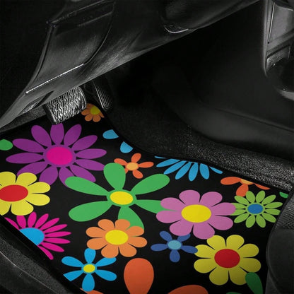 Hippie Flower 4-Piece Set Of Car Floor Mats, Front And Rear Rubber Base, All-Weather Universal Car Decoration Accessories, Suitable For SUVs,, Sedans, And Trucks