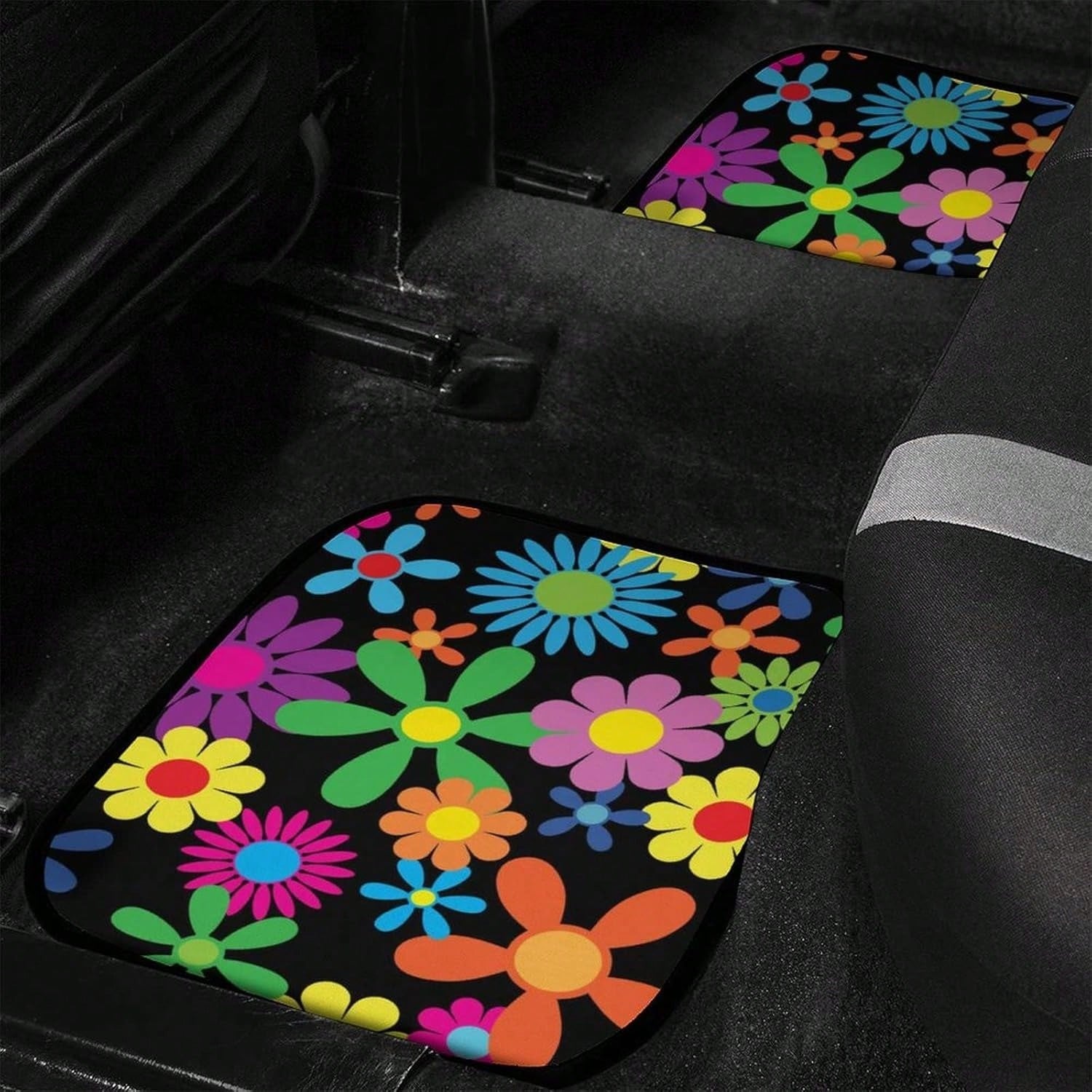 Hippie Flower 4-Piece Set Of Car Floor Mats, Front And Rear Rubber Base, All-Weather Universal Car Decoration Accessories, Suitable For SUVs,, Sedans, And Trucks