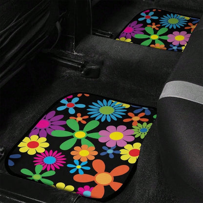 Hippie Flower 4-Piece Set Of Car Floor Mats, Front And Rear Rubber Base, All-Weather Universal Car Decoration Accessories, Suitable For SUVs,, Sedans, And Trucks