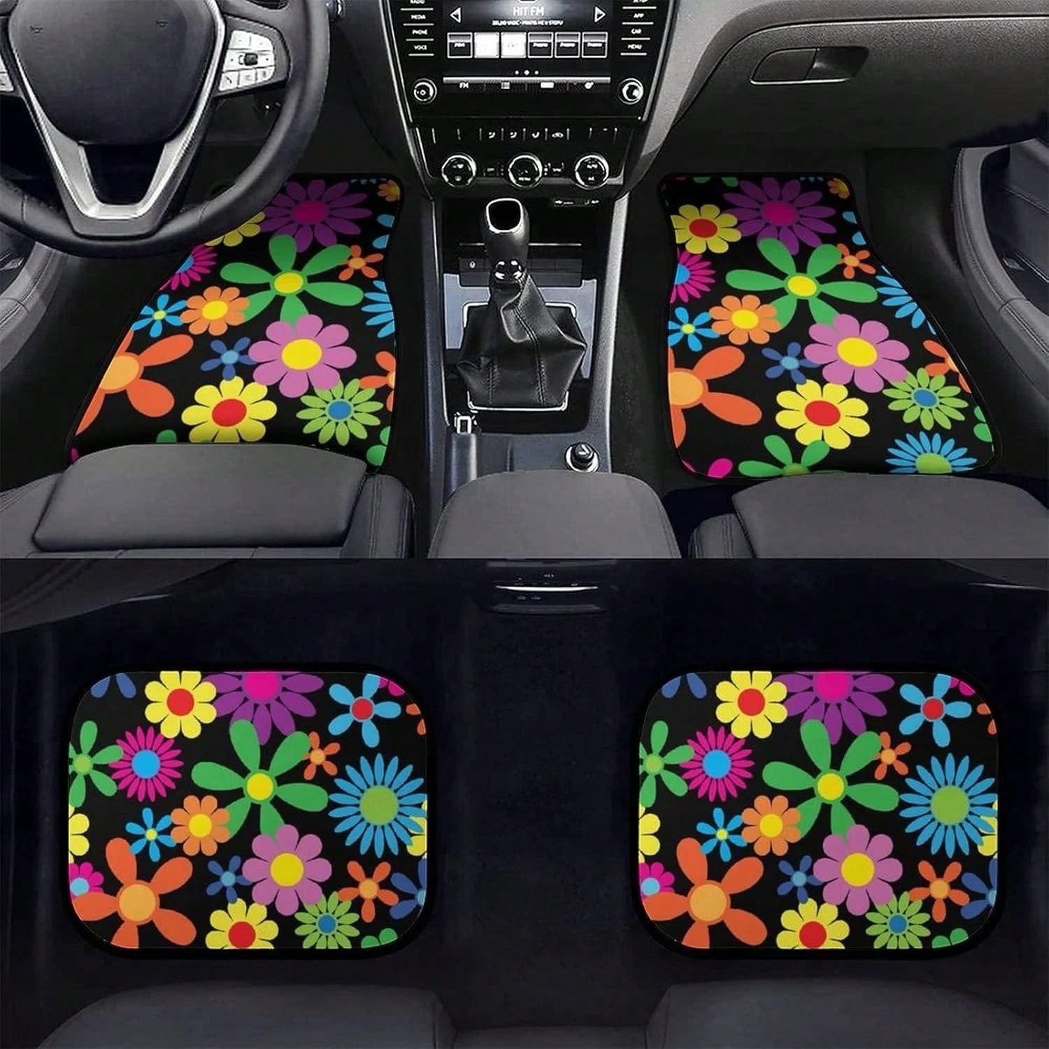 Hippie Flower 4-Piece Set Of Car Floor Mats, Front And Rear Rubber Base, All-Weather Universal Car Decoration Accessories, Suitable For SUVs,, Sedans, And Trucks
