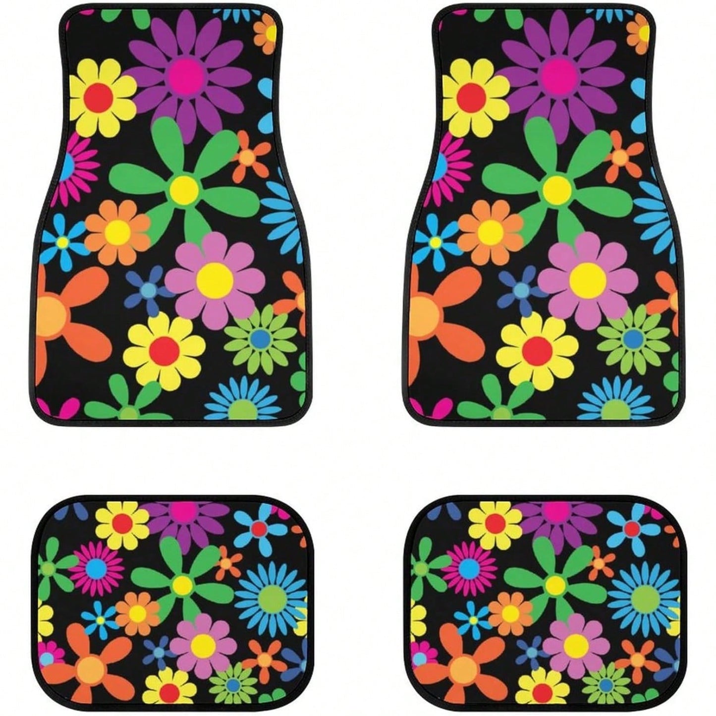 Hippie Flower 4-Piece Set Of Car Floor Mats, Front And Rear Rubber Base, All-Weather Universal Car Decoration Accessories, Suitable For SUVs,, Sedans, And Trucks