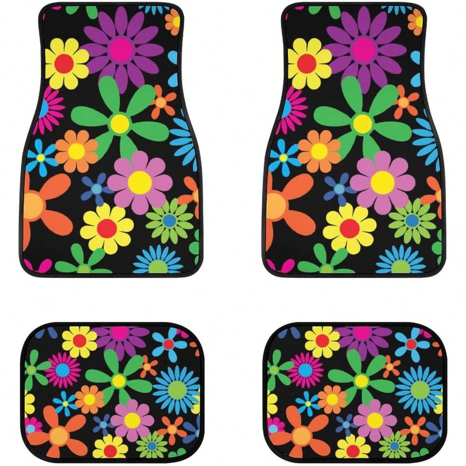 Hippie Flower 4-Piece Set Of Car Floor Mats, Front And Rear Rubber Base, All-Weather Universal Car Decoration Accessories, Suitable For SUVs,, Sedans, And Trucks