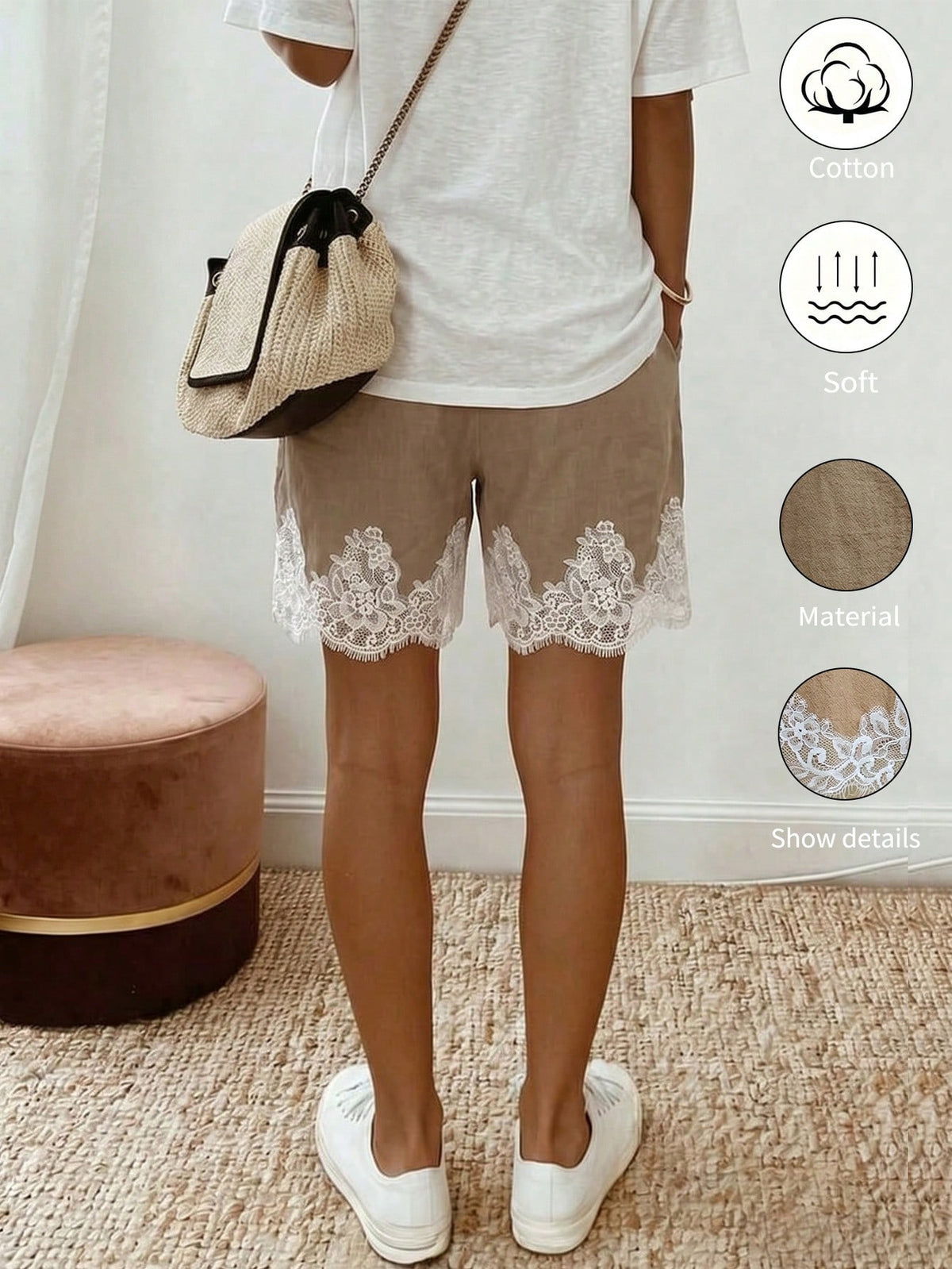 Holidaya Holidaya Women's Summer New Cotton Casual Drawstring Lace Spliced Hem Shorts, Featuring A Cotton Textured Fabric, Paired With An Elastic Waist Drawstring Design And Lace Spliced Hem Det
