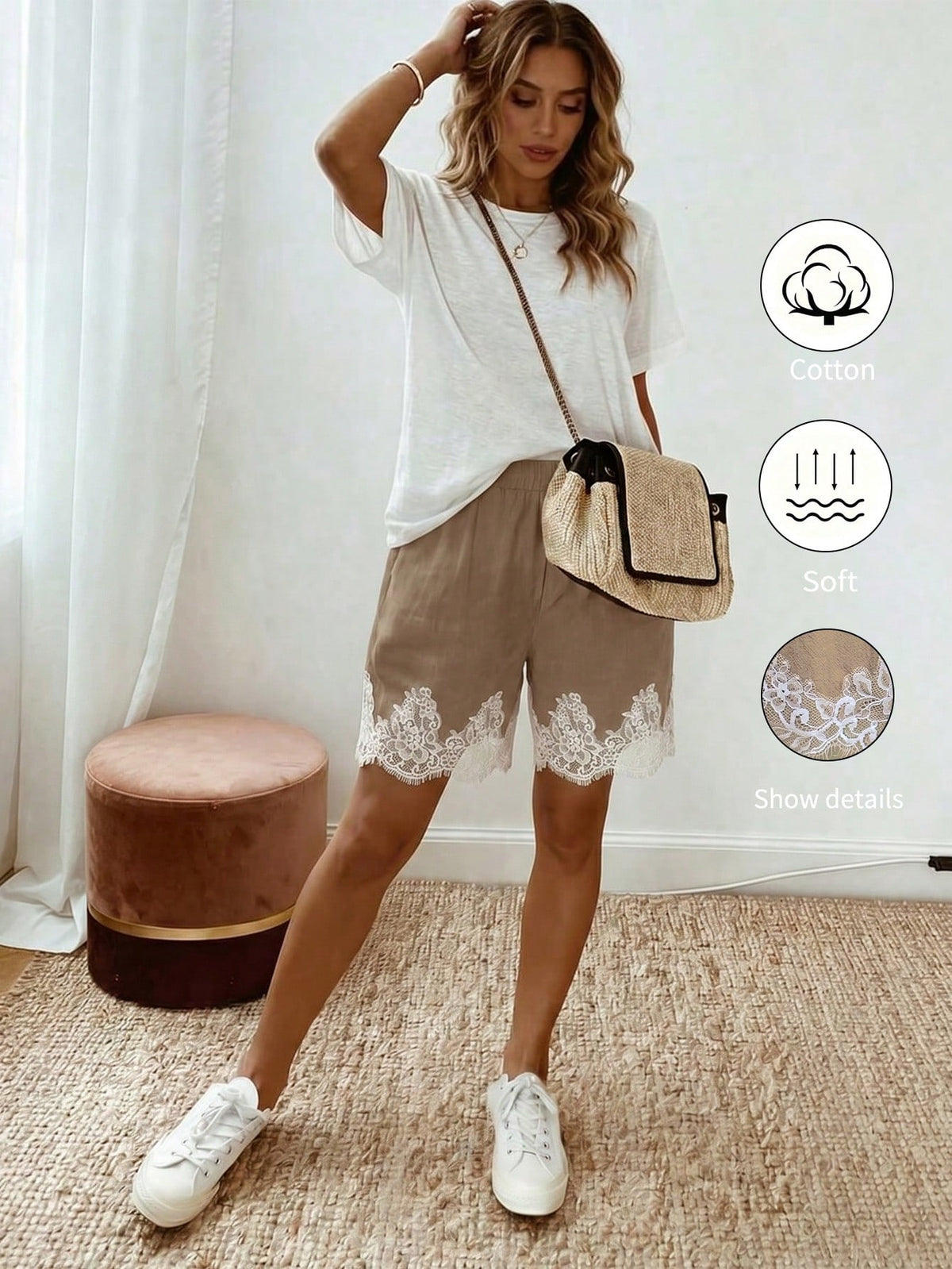Holidaya Holidaya Women's Summer New Cotton Casual Drawstring Lace Spliced Hem Shorts, Featuring A Cotton Textured Fabric, Paired With An Elastic Waist Drawstring Design And Lace Spliced Hem Det