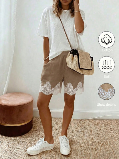 Holidaya Holidaya Women's Summer New Cotton Casual Drawstring Lace Spliced Hem Shorts, Featuring A Cotton Textured Fabric, Paired With An Elastic Waist Drawstring Design And Lace Spliced Hem Det