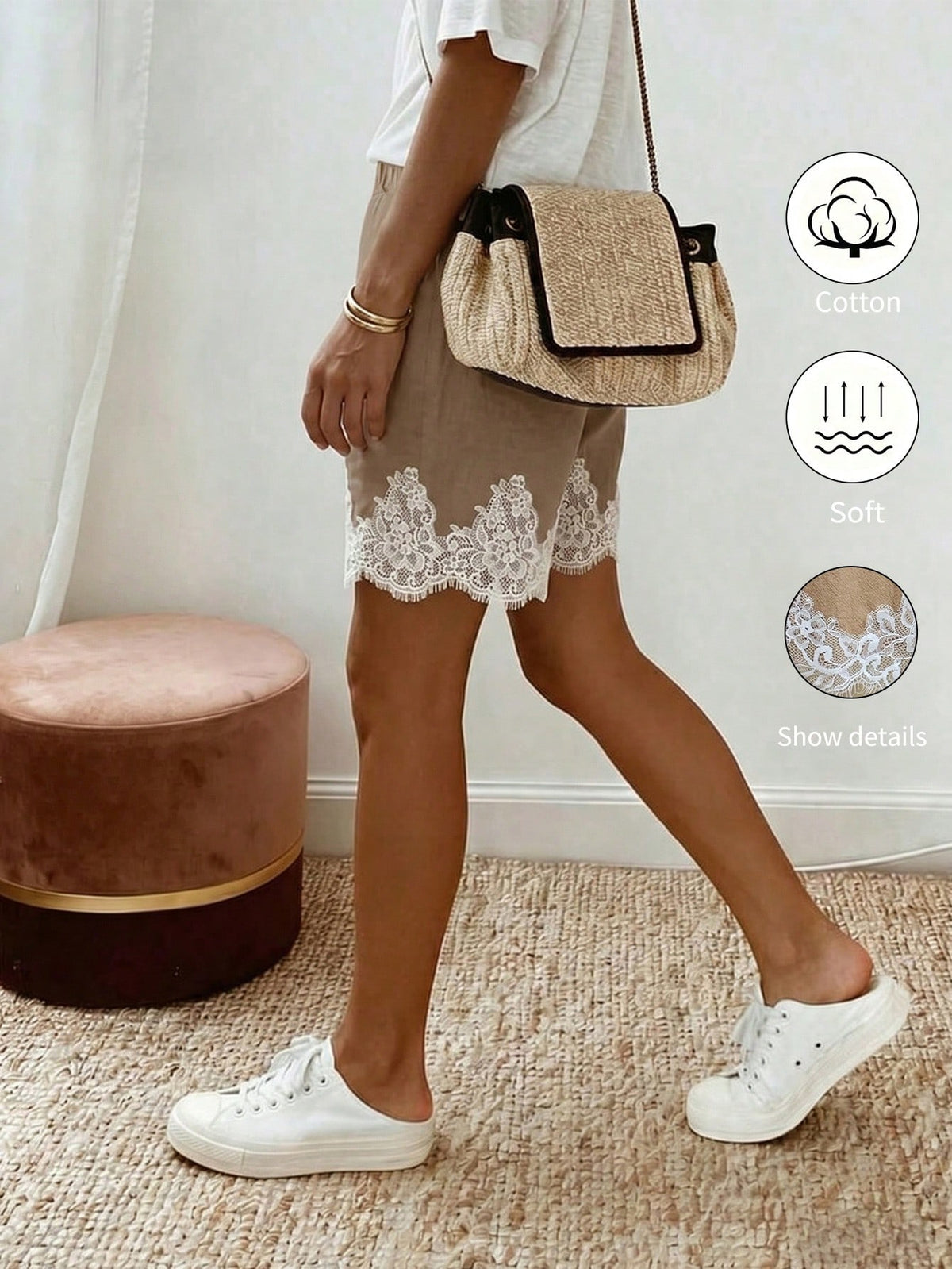 Holidaya Holidaya Women's Summer New Cotton Casual Drawstring Lace Spliced Hem Shorts, Featuring A Cotton Textured Fabric, Paired With An Elastic Waist Drawstring Design And Lace Spliced Hem Det