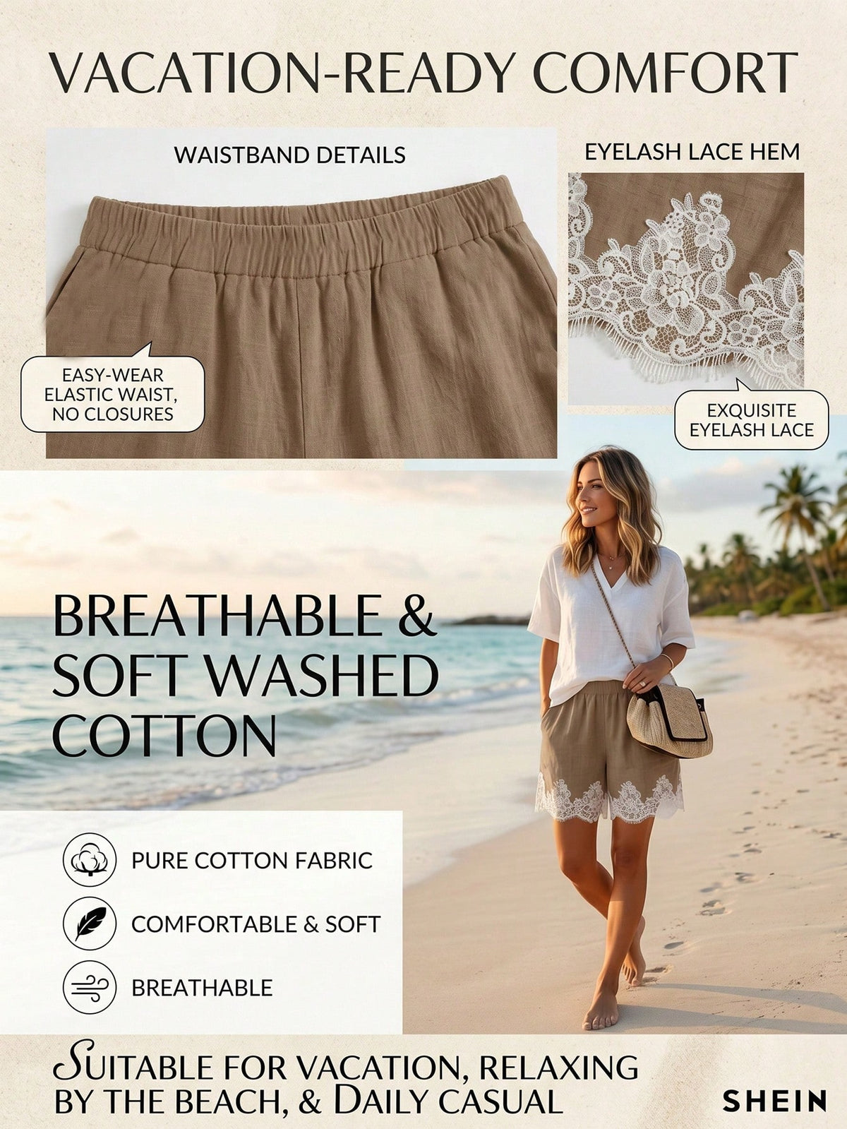 Holidaya Holidaya Women's Summer New Cotton Casual Drawstring Lace Spliced Hem Shorts, Featuring A Cotton Textured Fabric, Paired With An Elastic Waist Drawstring Design And Lace Spliced Hem Det