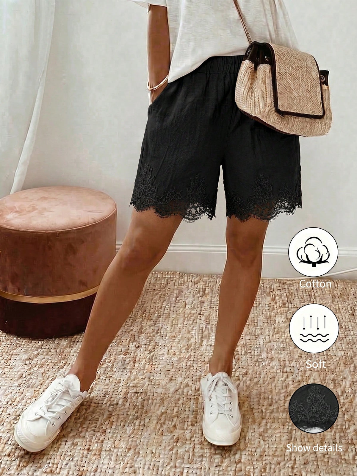 Holidaya Holidaya Women's Summer New Cotton Casual Drawstring Lace Spliced Hem Shorts, Featuring A Cotton Textured Fabric, Paired With An Elastic Waist Drawstring Design And Lace Spliced Hem Det