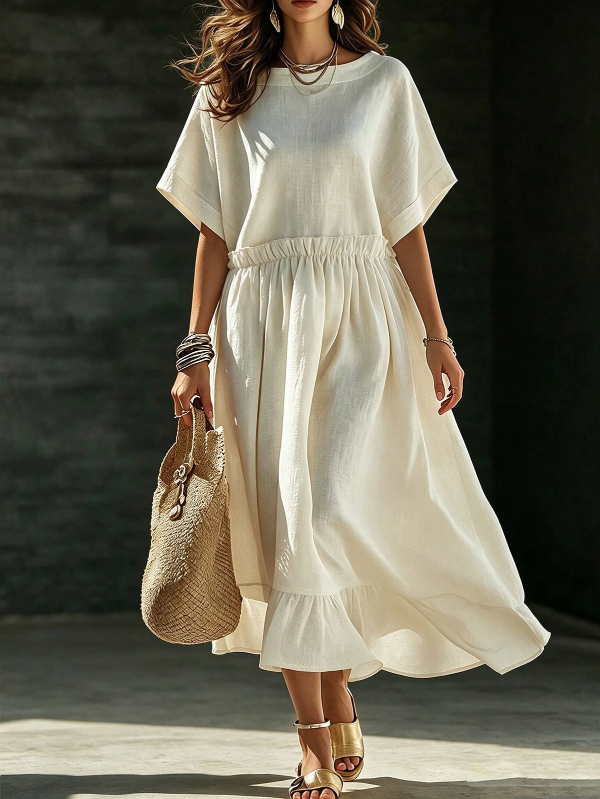 Holidaya Women's Linen-Feel Dress, Vacation Style White Loose Short Sleeve Midi Dress, T-Shirt Dress, Elegant Women's Dress, Casual Dress, Suitable For Daily Commute, Holiday Vacation, Outdoor O