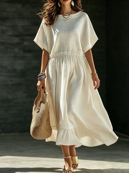Holidaya Women's Linen-Feel Dress, Vacation Style White Loose Short Sleeve Midi Dress, T-Shirt Dress, Elegant Women's Dress, Casual Dress, Suitable For Daily Commute, Holiday Vacation, Outdoor O