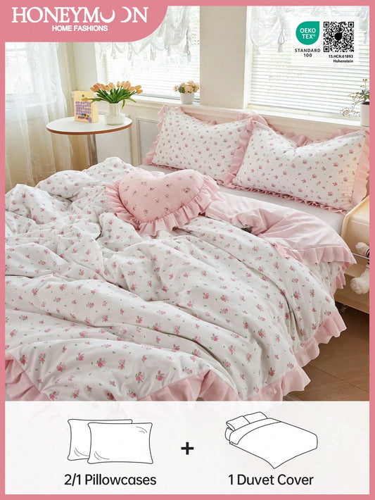 HONEYMOON 2/3pcs Romantic Floral Print Lace Duvet Cover Set (2pcs=1 Duvet Cover+1 Pillowcase; 3pcs=1 Duvet Cover+2 Pillowcases)- 100% Polyester Ins Style Printed Fabric, Soft And Breathable, Wrinkle