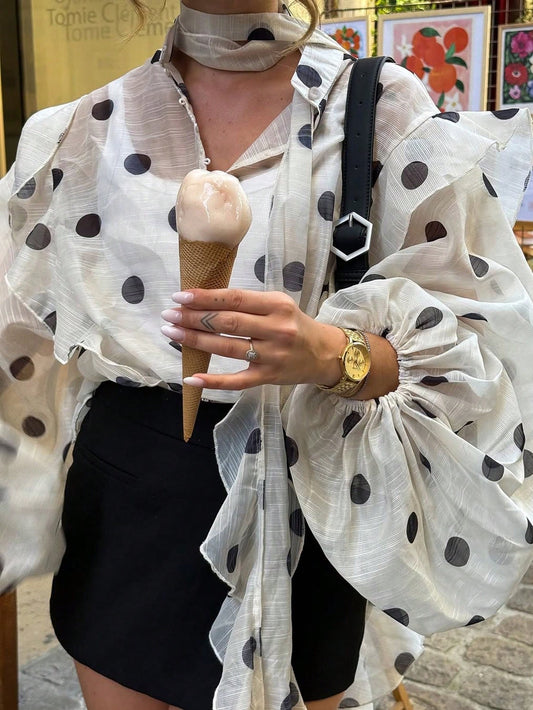 HUACAITA Retro Polka Dot Print Blouse, Loose Chiffon Lantern Sleeves, Ruffles, Sheer Button-Down Shirt, Street Style, Beach Vacation White Summer