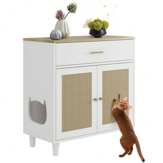 Huisuilinss Cat Litter Box Enclosure,Hidden Litter Box Furniture,Wood Dog Proof Cat Washroom,Indoor Cat House,Corner Side End Table,Sideboard Cabinet With Drawer And 2 Sisal Doors