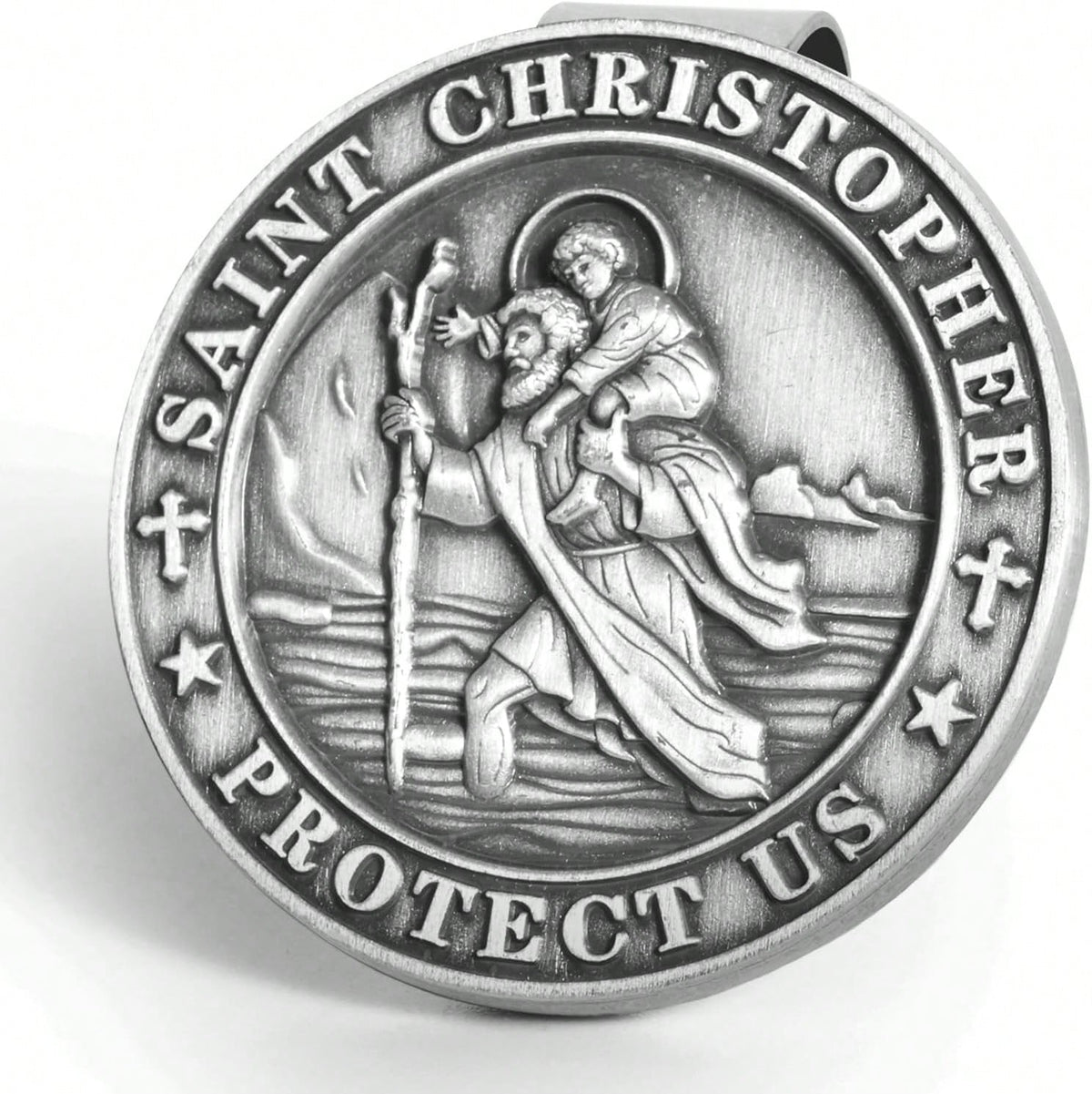 Hwojjha Round Saint St Christopher Go Your Way In Saftey Proctection Visor Clip, 1 3_8 Inch (Dia) (Pewter)