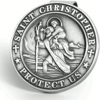 Hwojjha Round Saint St Christopher Go Your Way In Saftey Proctection Visor Clip, 1 3_8 Inch (Dia) (Pewter)