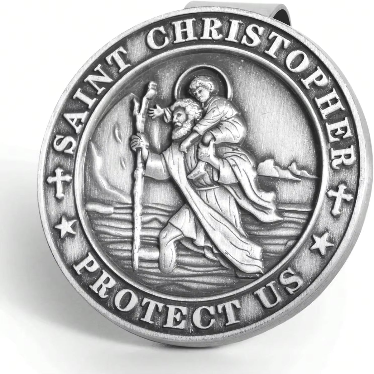 Hwojjha Round Saint St Christopher Go Your Way In Saftey Proctection Visor Clip, 1 3_8 Inch (Dia) (Pewter)