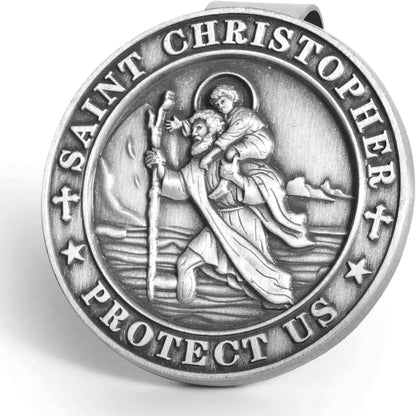 Hwojjha Round Saint St Christopher Go Your Way In Saftey Proctection Visor Clip, 1 3_8 Inch (Dia) (Pewter)