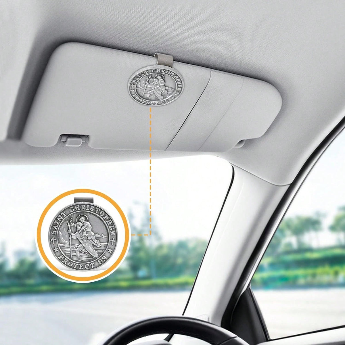 Hwojjha Round Saint St Christopher Go Your Way In Saftey Proctection Visor Clip, 1 3_8 Inch (Dia) (Pewter)