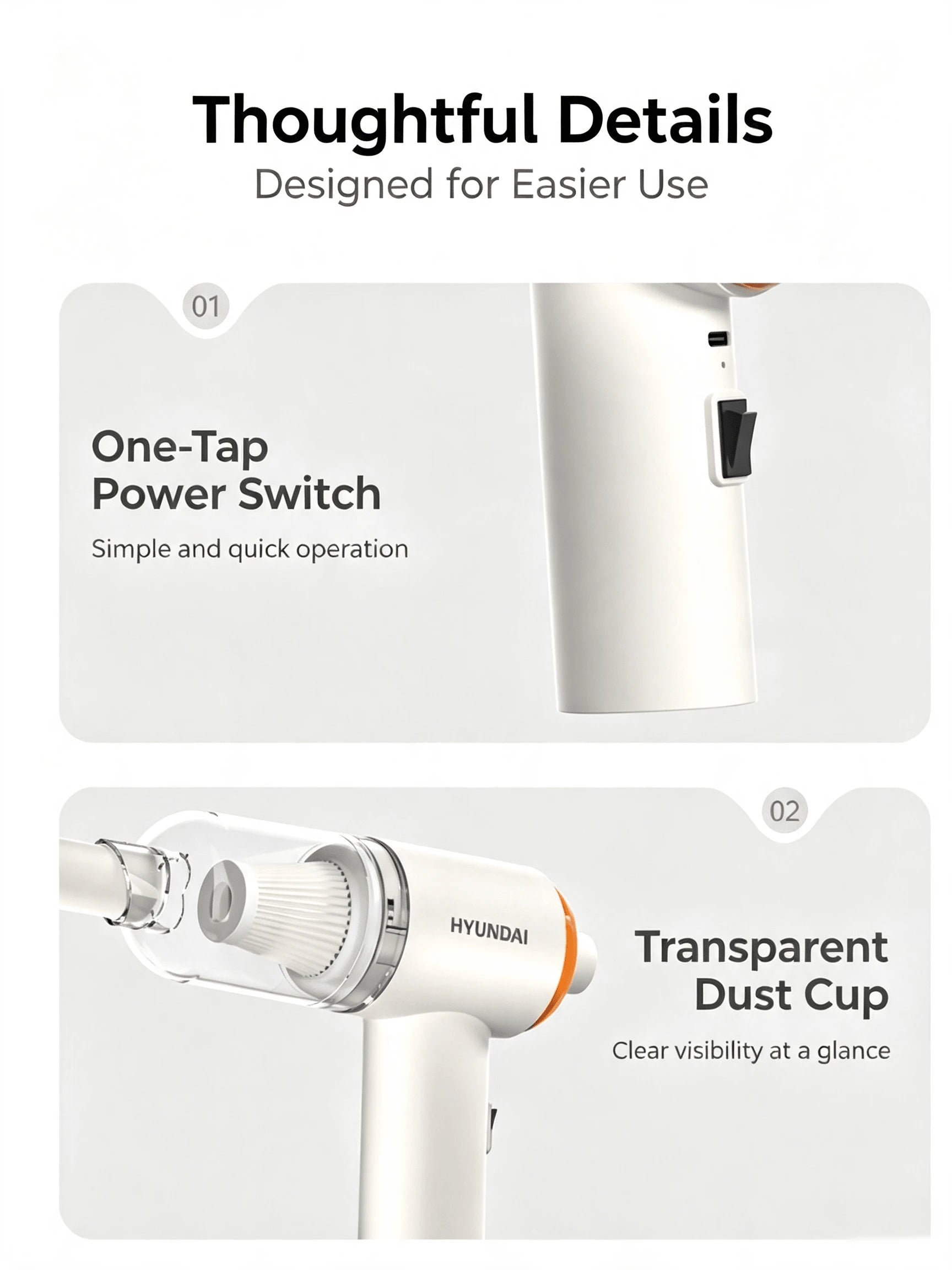 HYUNDAI Cordless Handheld Vacuum Cleaner, High Suction Power, Brushless Motor, Suitable For Both Home And Car Use, Lightweight Body, Efficient Dust Removal, Long Battery Life. HY-019 Cordless Handheld
