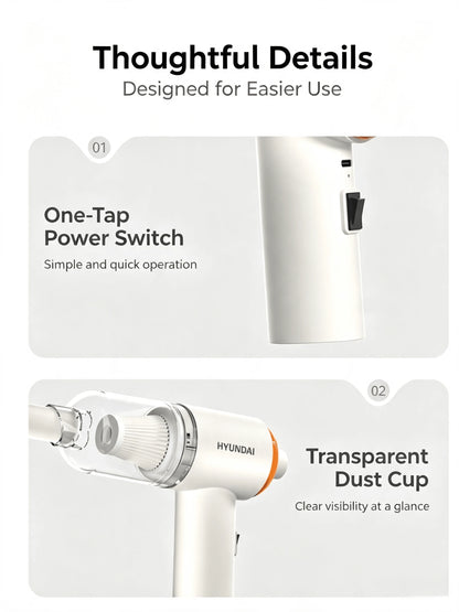 HYUNDAI Cordless Handheld Vacuum Cleaner, High Suction Power, Brushless Motor, Suitable For Both Home And Car Use, Lightweight Body, Efficient Dust Removal, Long Battery Life. HY-019 Cordless Handheld