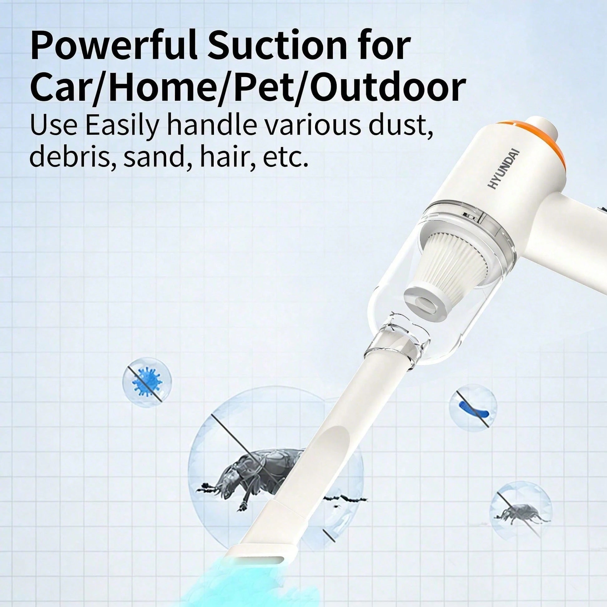 HYUNDAI HY-019 Cordless Handheld Vacuum Cleaner: Powerful Brushless Motor, Efficient Dust Removal, Lightweight And Portable, Suitable For Home And Car Use, Long Battery Life, White.