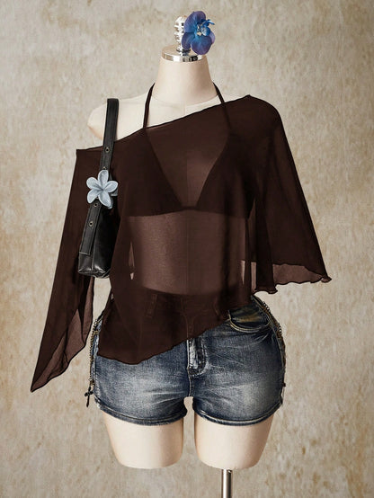 ICON Plus Size Chiffon Wrap Triangle Cup Tie Camisole Top 2 Pieces Set For Women