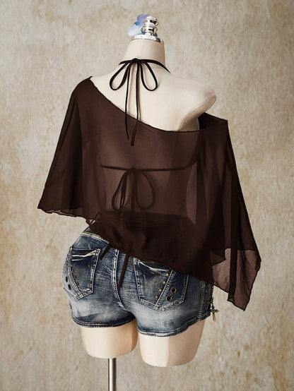 ICON Plus Size Chiffon Wrap Triangle Cup Tie Camisole Top 2 Pieces Set For Women