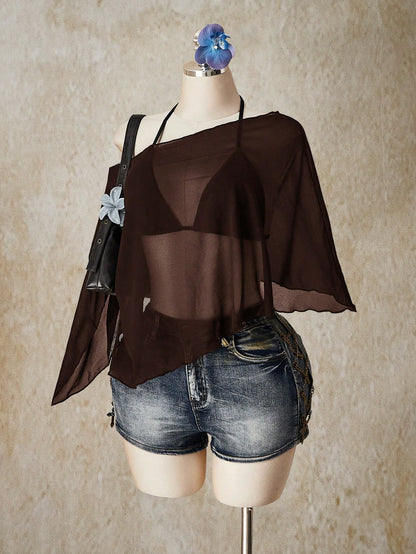ICON Plus Size Chiffon Wrap Triangle Cup Tie Camisole Top 2 Pieces Set For Women