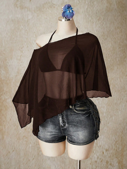 ICON Plus Size Chiffon Wrap Triangle Cup Tie Camisole Top 2 Pieces Set For Women