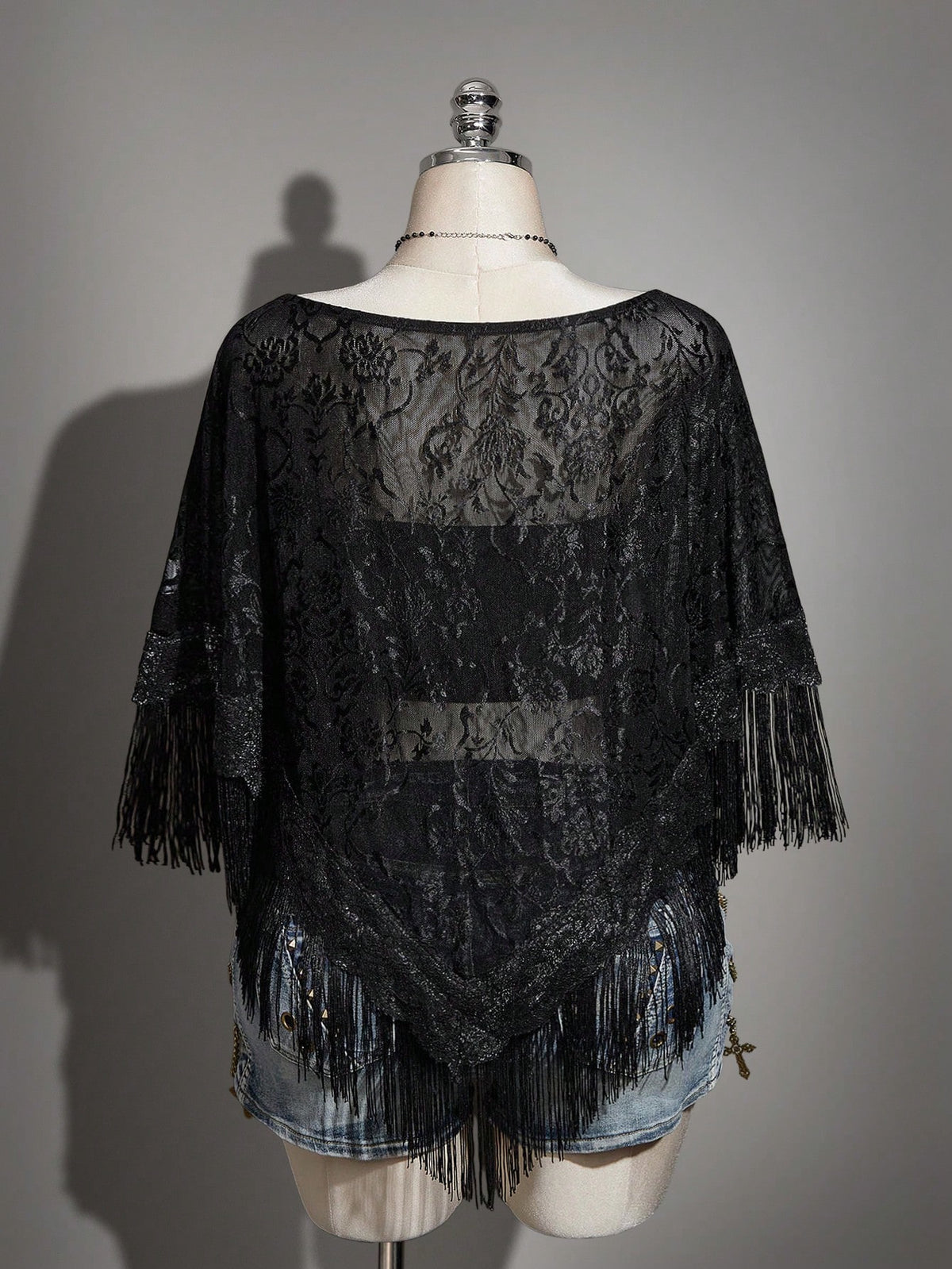 ICON Plus Size Women's Retro Mesh Jacquard Patchwork Tassel Cover-Up Top,Elegant New Chinese Style Round Neck Semi-Sheer Black Summer Boho Vacation Tops