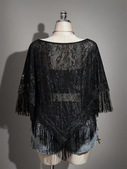 ICON Plus Size Women's Retro Mesh Jacquard Patchwork Tassel Cover-Up Top,Elegant New Chinese Style Round Neck Semi-Sheer Black Summer Boho Vacation Tops