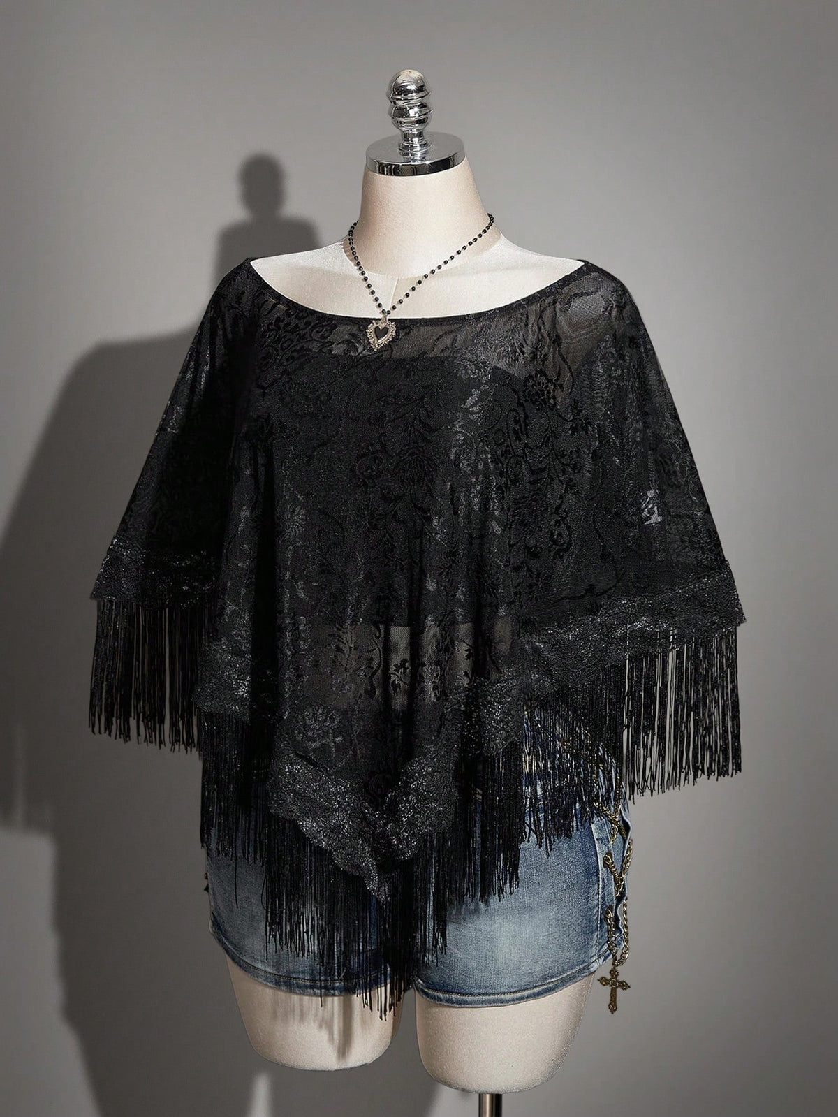 ICON Plus Size Women's Retro Mesh Jacquard Patchwork Tassel Cover-Up Top,Elegant New Chinese Style Round Neck Semi-Sheer Black Summer Boho Vacation Tops