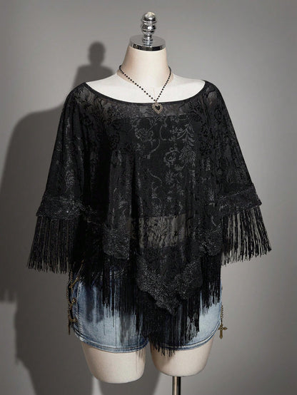 ICON Plus Size Women's Retro Mesh Jacquard Patchwork Tassel Cover-Up Top,Elegant New Chinese Style Round Neck Semi-Sheer Black Summer Boho Vacation Tops