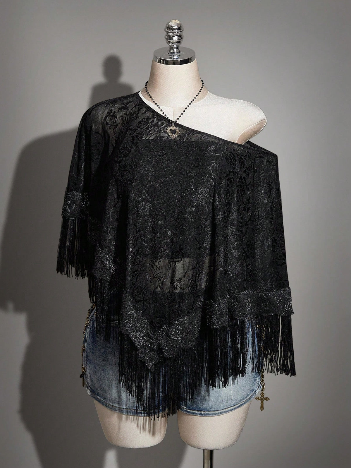 ICON Plus Size Women's Retro Mesh Jacquard Patchwork Tassel Cover-Up Top,Elegant New Chinese Style Round Neck Semi-Sheer Black Summer Boho Vacation Tops