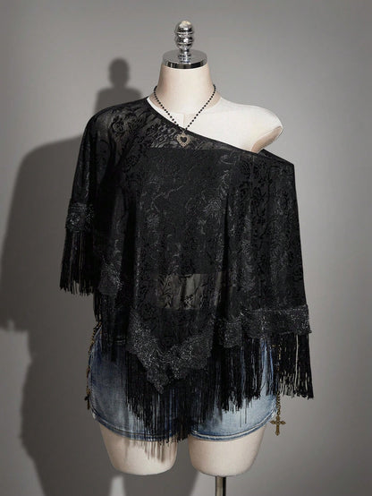 ICON Plus Size Women's Retro Mesh Jacquard Patchwork Tassel Cover-Up Top,Elegant New Chinese Style Round Neck Semi-Sheer Black Summer Boho Vacation Tops