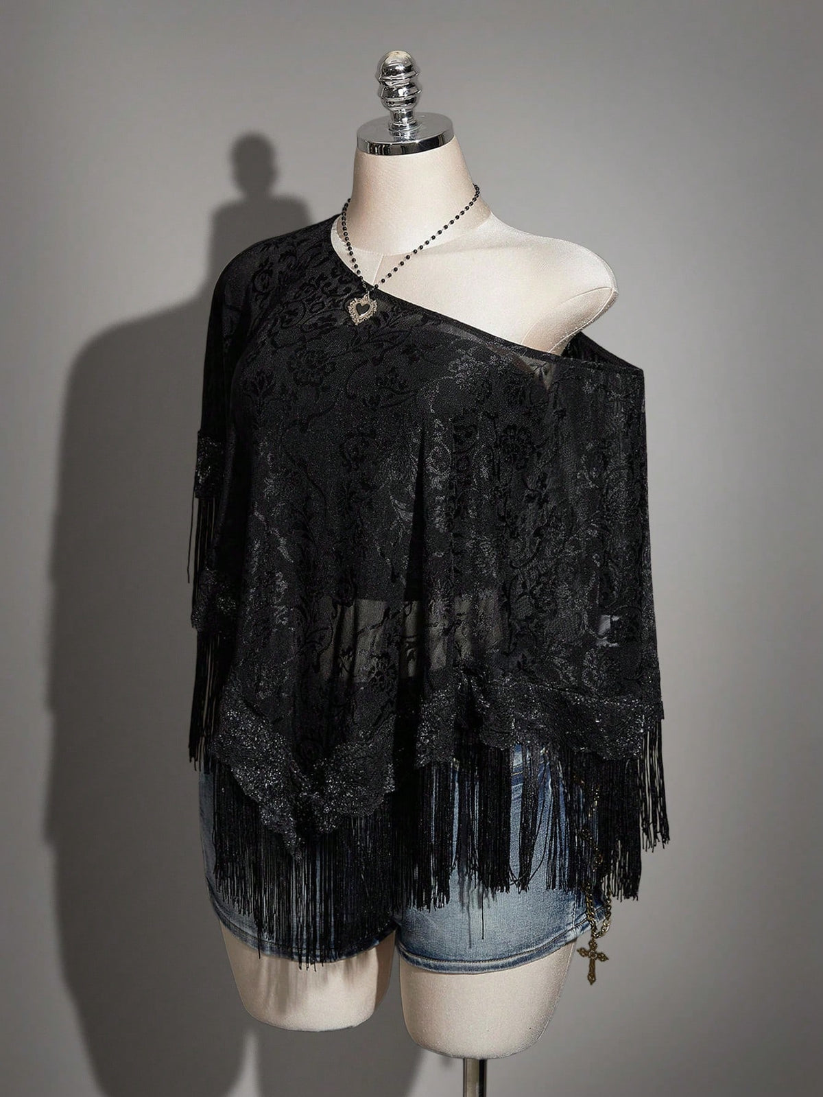 ICON Plus Size Women's Retro Mesh Jacquard Patchwork Tassel Cover-Up Top,Elegant New Chinese Style Round Neck Semi-Sheer Black Summer Boho Vacation Tops