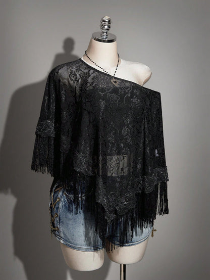 ICON Plus Size Women's Retro Mesh Jacquard Patchwork Tassel Cover-Up Top,Elegant New Chinese Style Round Neck Semi-Sheer Black Summer Boho Vacation Tops