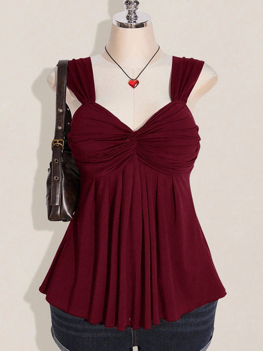 ICON Plus Size Women's Wine Twist Front Sleeveless Babydoll Knit Top, Y2K Style, Suitable For Graduation/Back To School Season, Summer Cute Tops