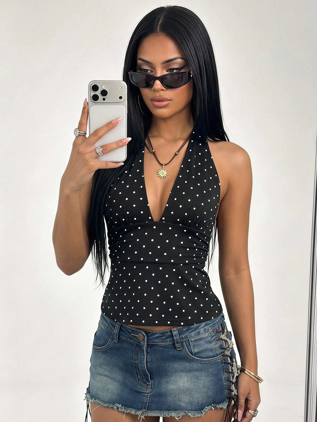 ICON Women Casual Minimalist Halter Deep V-Neck Polka Dot Top Wrap Back Top