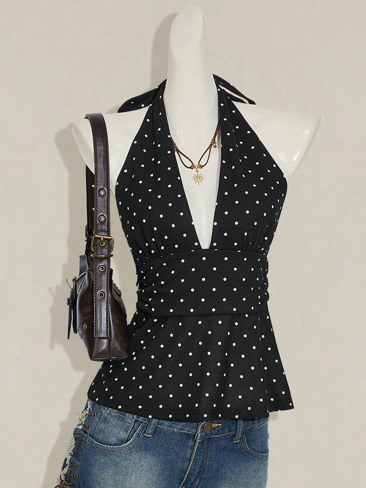ICON Women Casual Minimalist Halter Deep V-Neck Polka Dot Top Wrap Back Top