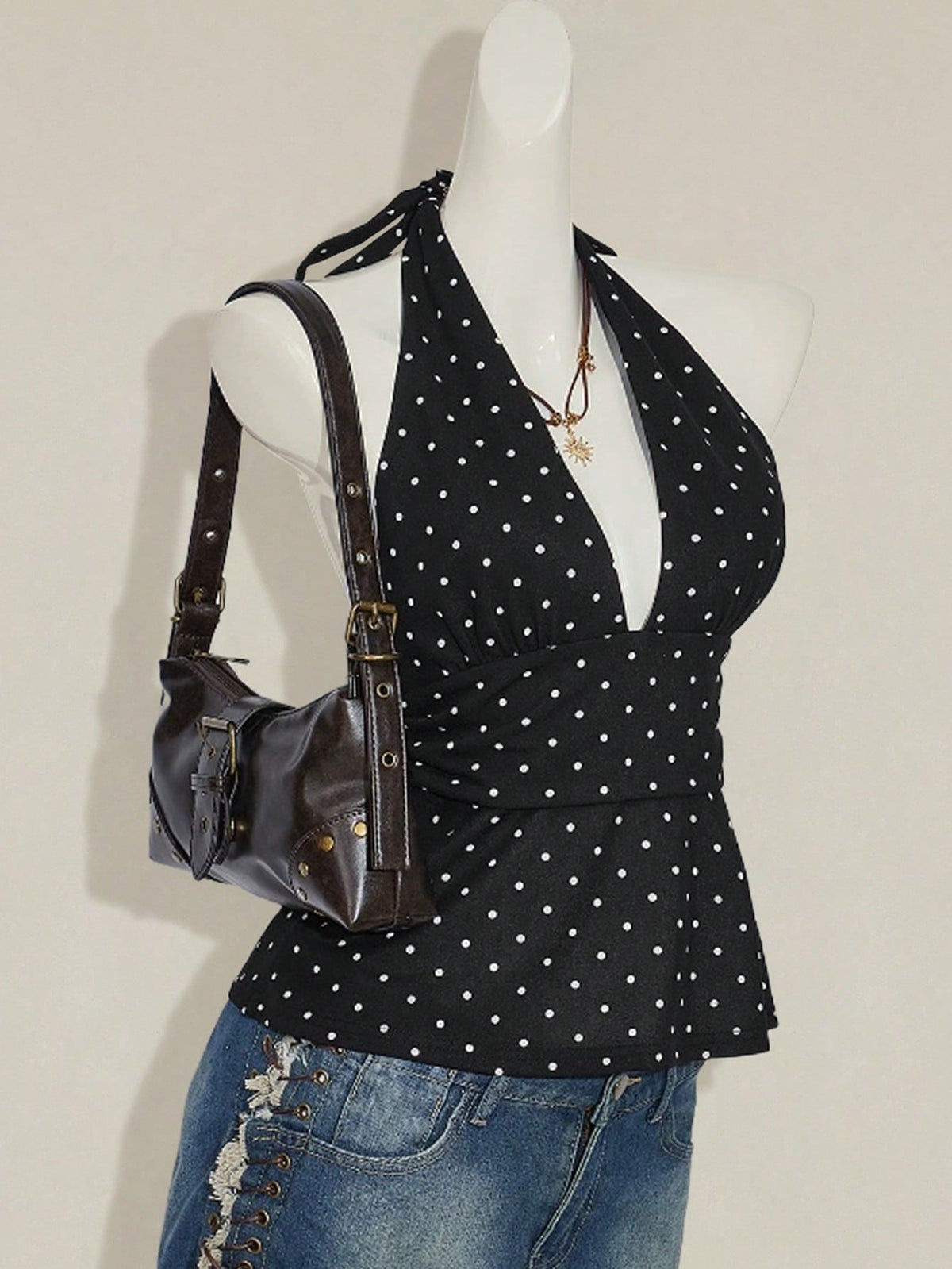 ICON Women Casual Minimalist Halter Deep V-Neck Polka Dot Top Wrap Back Top