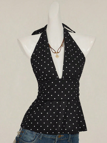 ICON Women Casual Minimalist Halter Deep V-Neck Polka Dot Top Wrap Back Top