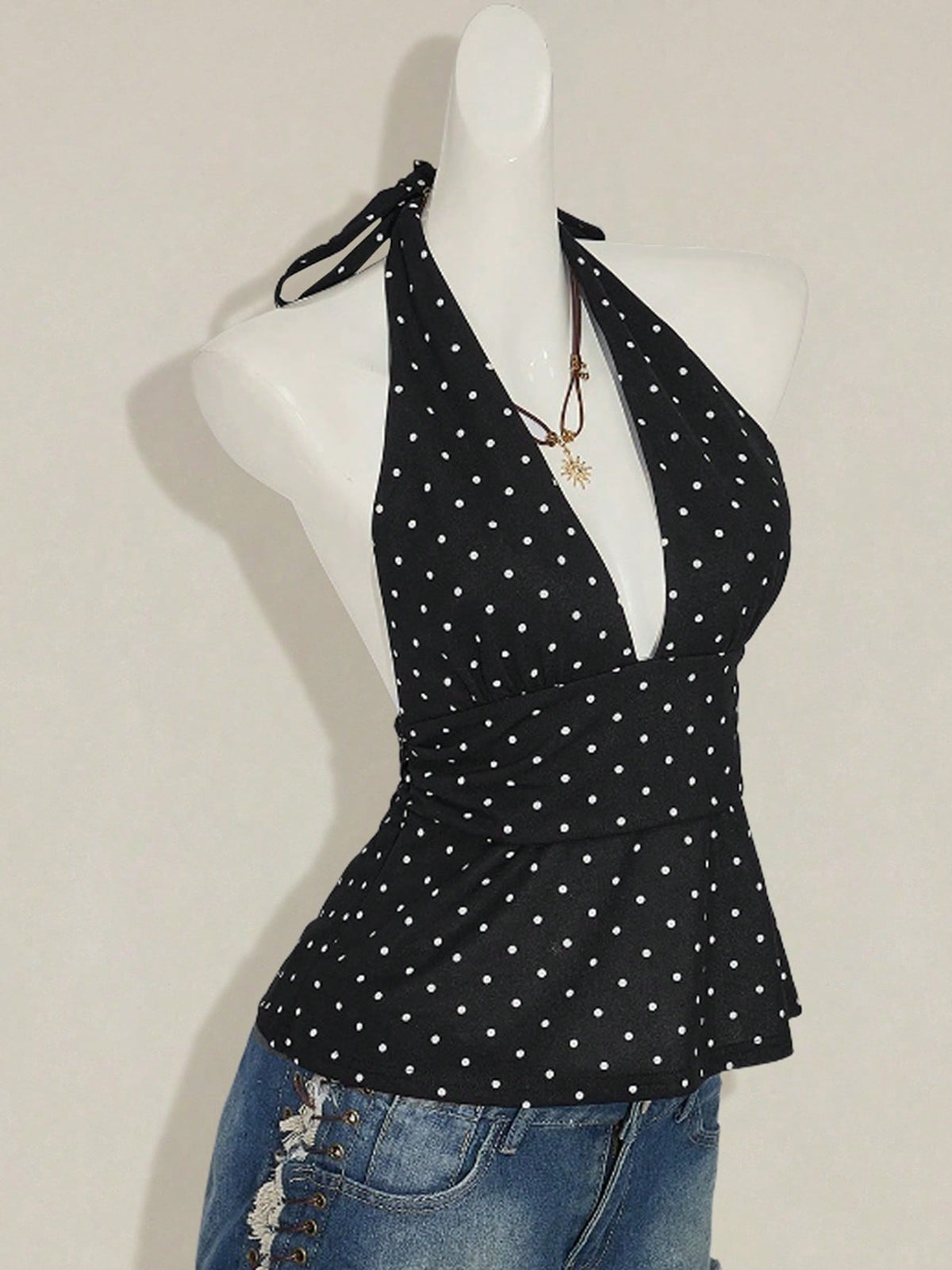 ICON Women Casual Minimalist Halter Deep V-Neck Polka Dot Top Wrap Back Top