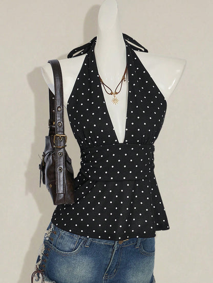 ICON Women Casual Minimalist Halter Deep V-Neck Polka Dot Top Wrap Back Top