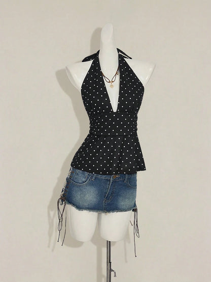 ICON Women Casual Minimalist Halter Deep V-Neck Polka Dot Top Wrap Back Top
