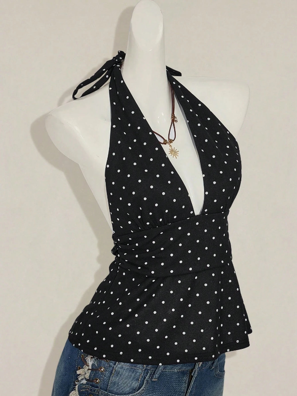 ICON Women Casual Minimalist Halter Deep V-Neck Polka Dot Top Wrap Back Top