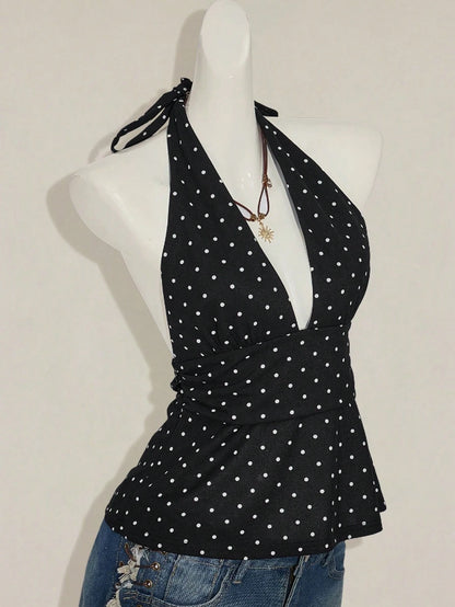 ICON Women Casual Minimalist Halter Deep V-Neck Polka Dot Top Wrap Back Top