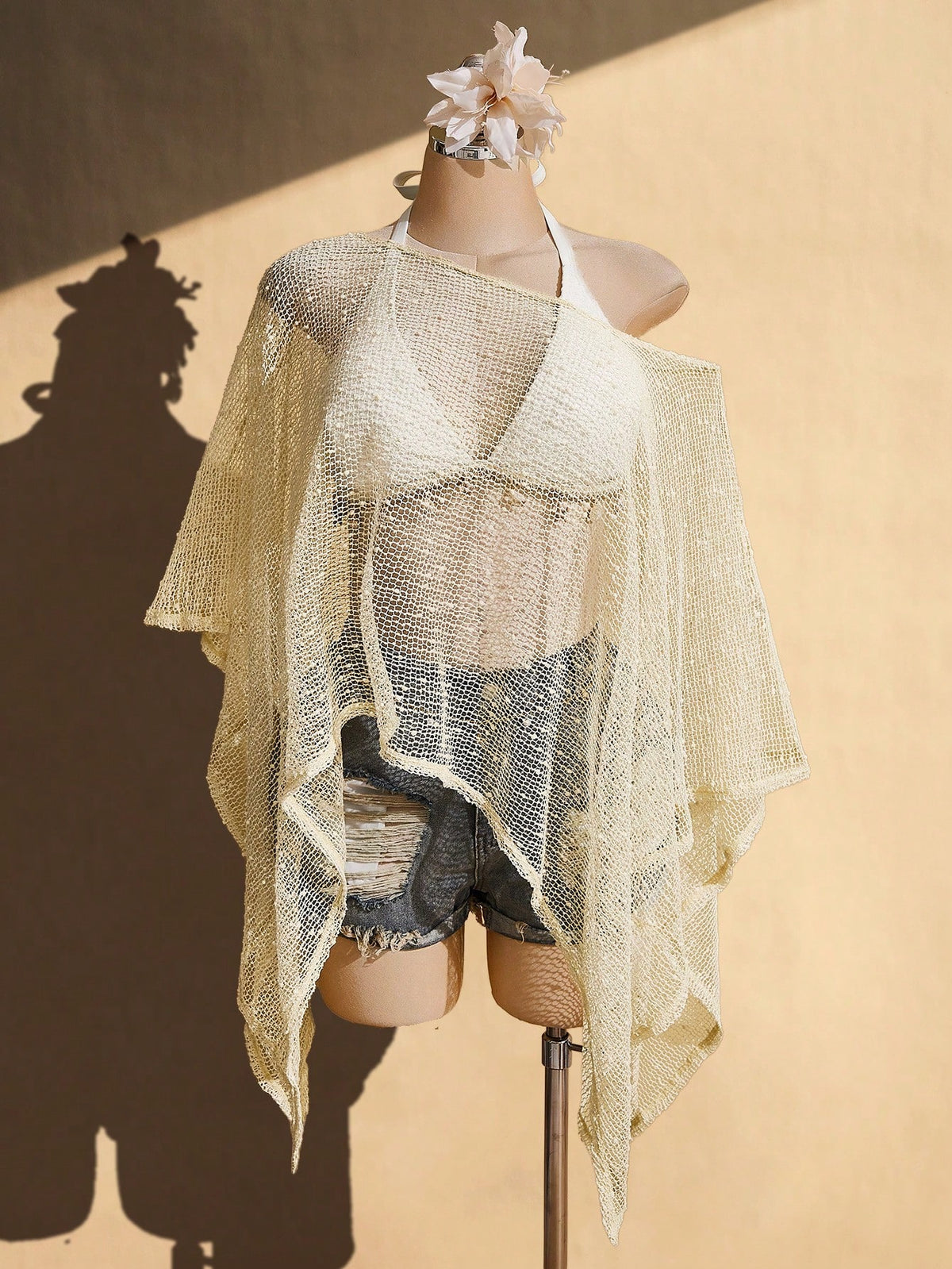 ICON Women's Plus Size Beige Summer Boho Beach Holiday Knitted Sun Protection Cover-Up, Retro Y2K Off-Shoulder Asymmetric Hem Loose Textured Shawl Top